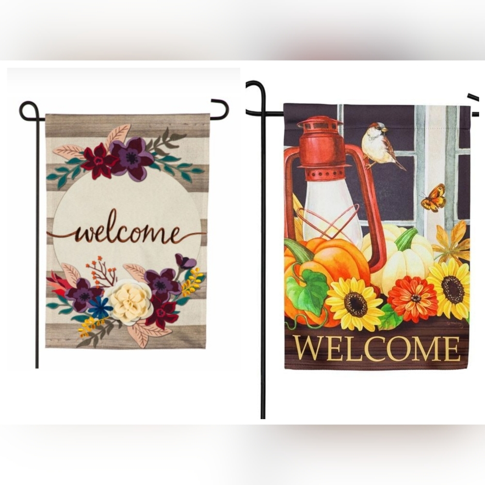 NWT EVERGREEN Fall Stripes & Harvest Lantern Welcome Garden Flag Bundle